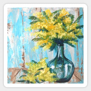 impressionist rustic turquoise still life painting flowers yellow mimosa Magnet